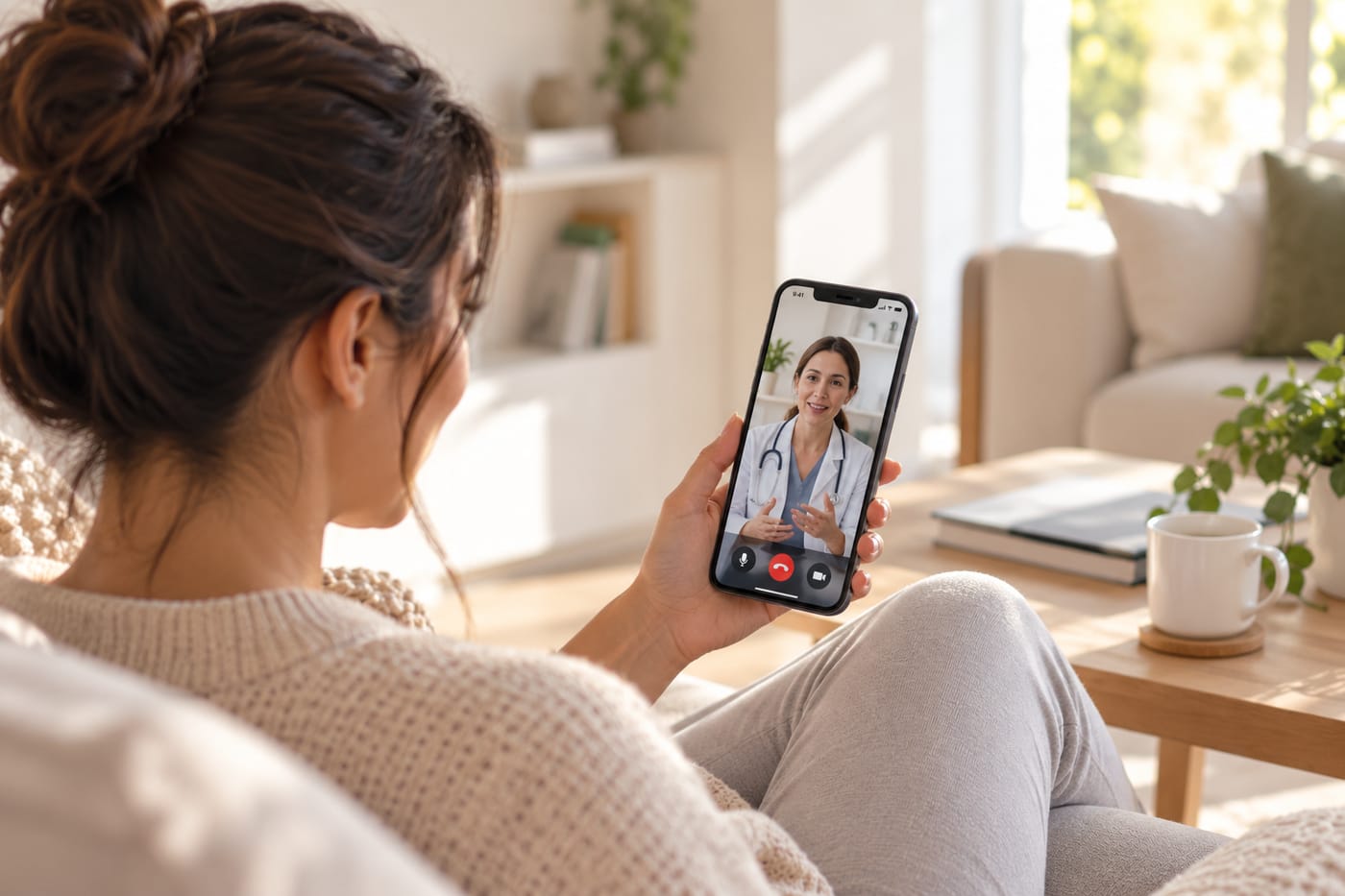 Talking to a doctor on a video call from the sofa at home.