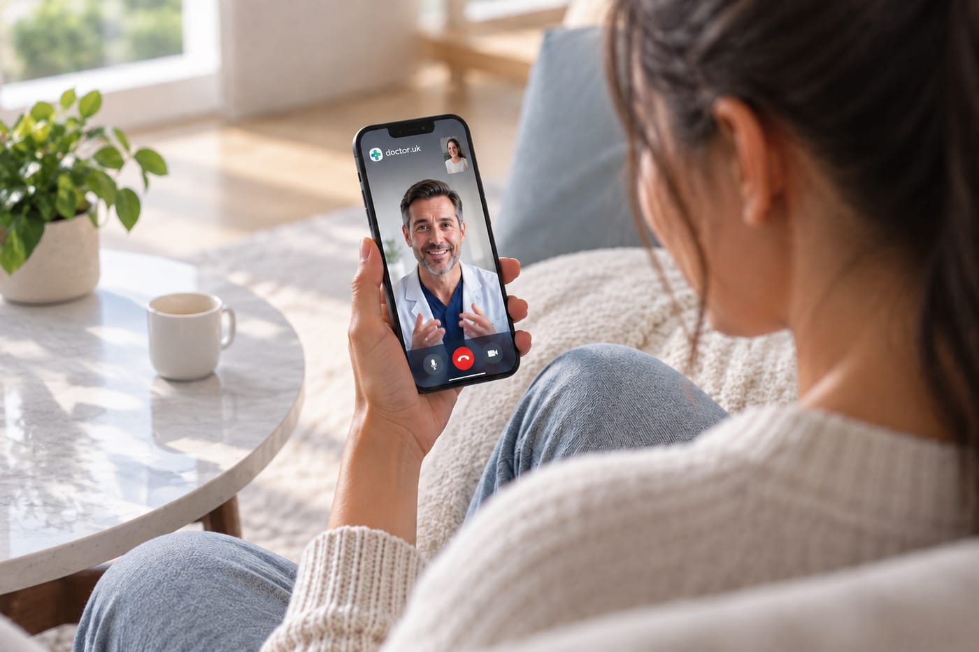 A video consultation with a doctor, seen over the patient's shoulder.