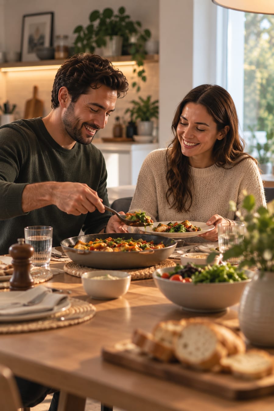 A couple sharing a meal at the kitchen table.