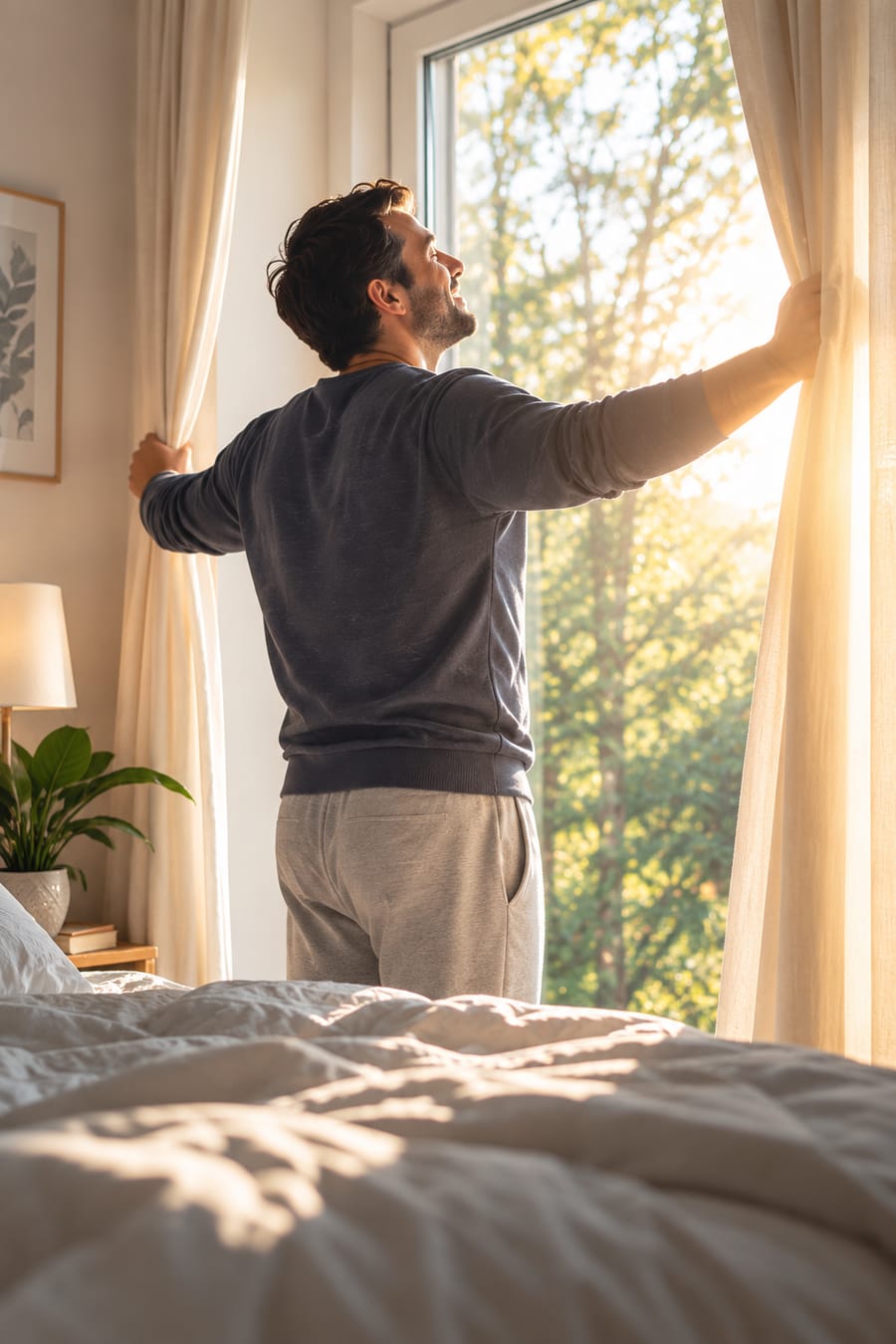 Opening the curtains on a sunny morning.