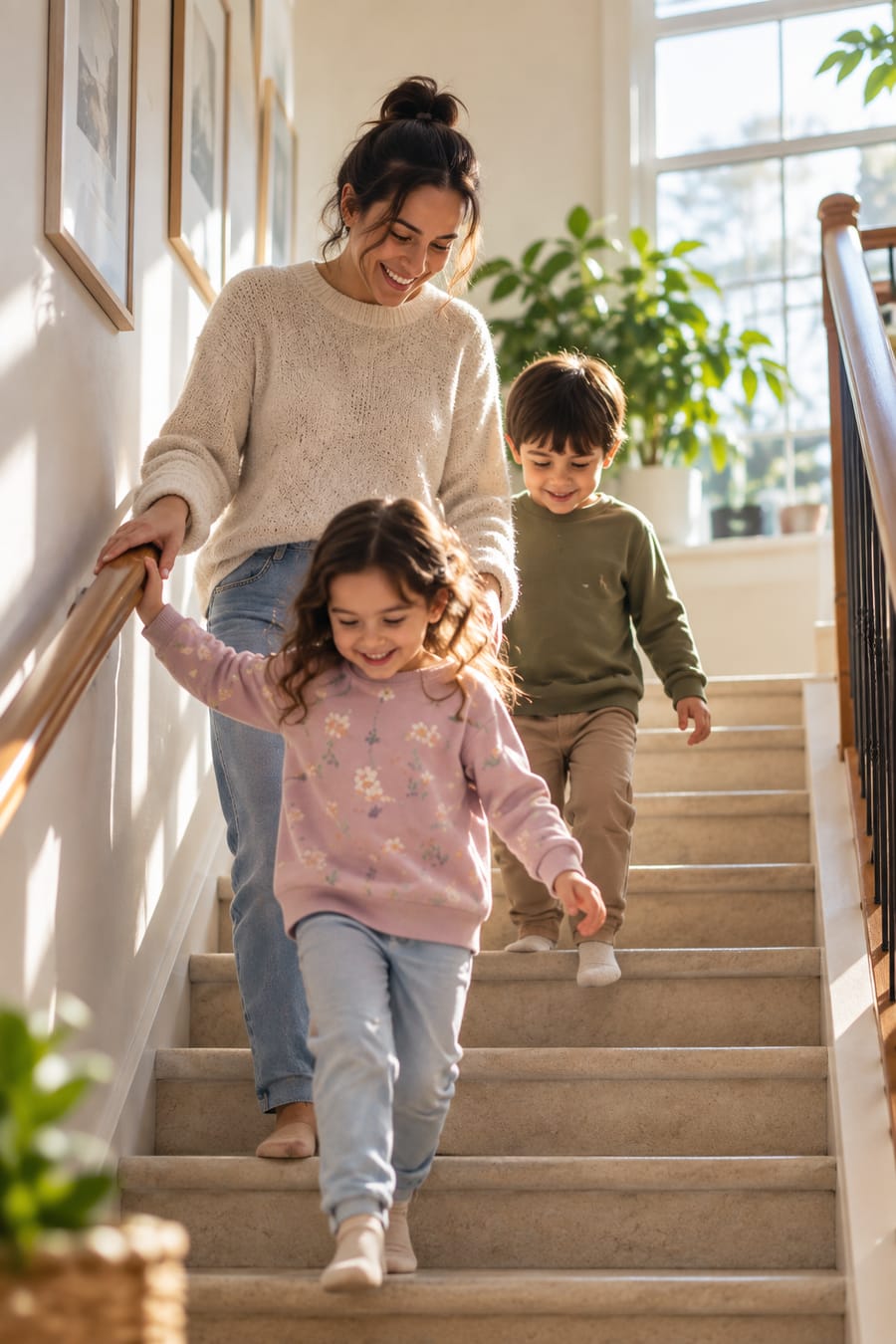 A parent and two children on the stairs at home.