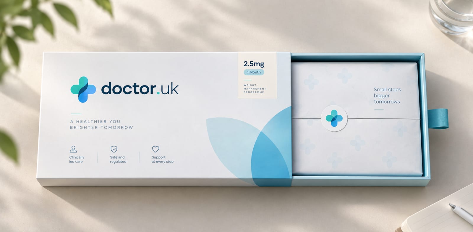 A doctor.uk monthly treatment box, opened to show the wrapped pack inside.