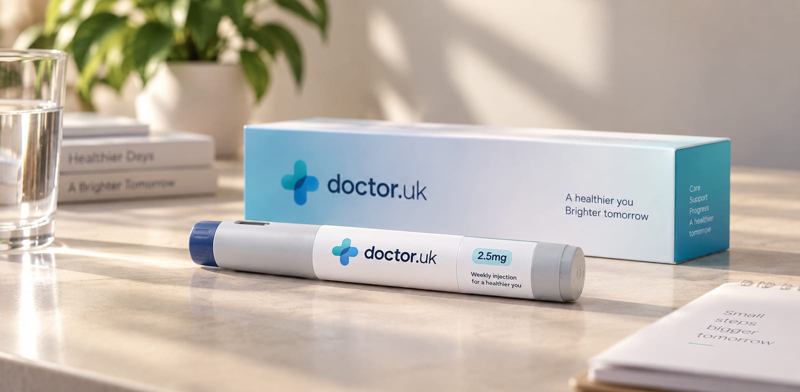 A doctor.uk injection pen and its box on a table in morning light.
